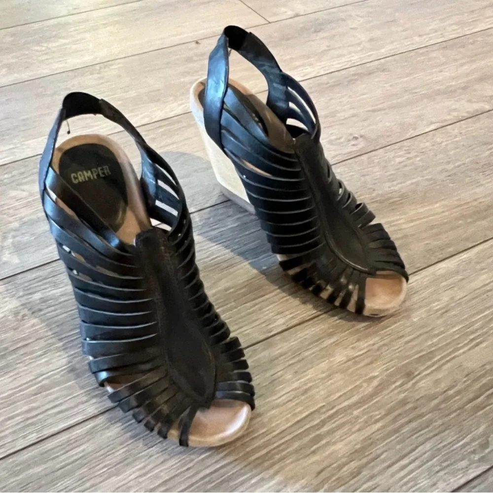 Camper Rachel Leather Wedge Sandals Black EU 38